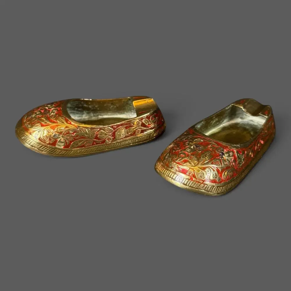Lot of 2 Brass Slipper Ashtray Enamel Floral Design Cigarette Shoes India
